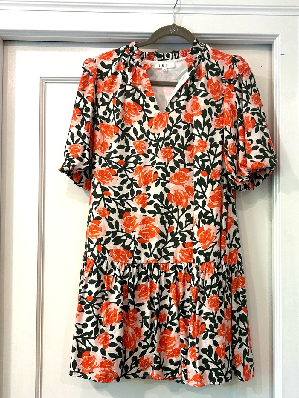 Boutique Floral Short Sleeve Drop Waist Mini Dress - Orange/Green